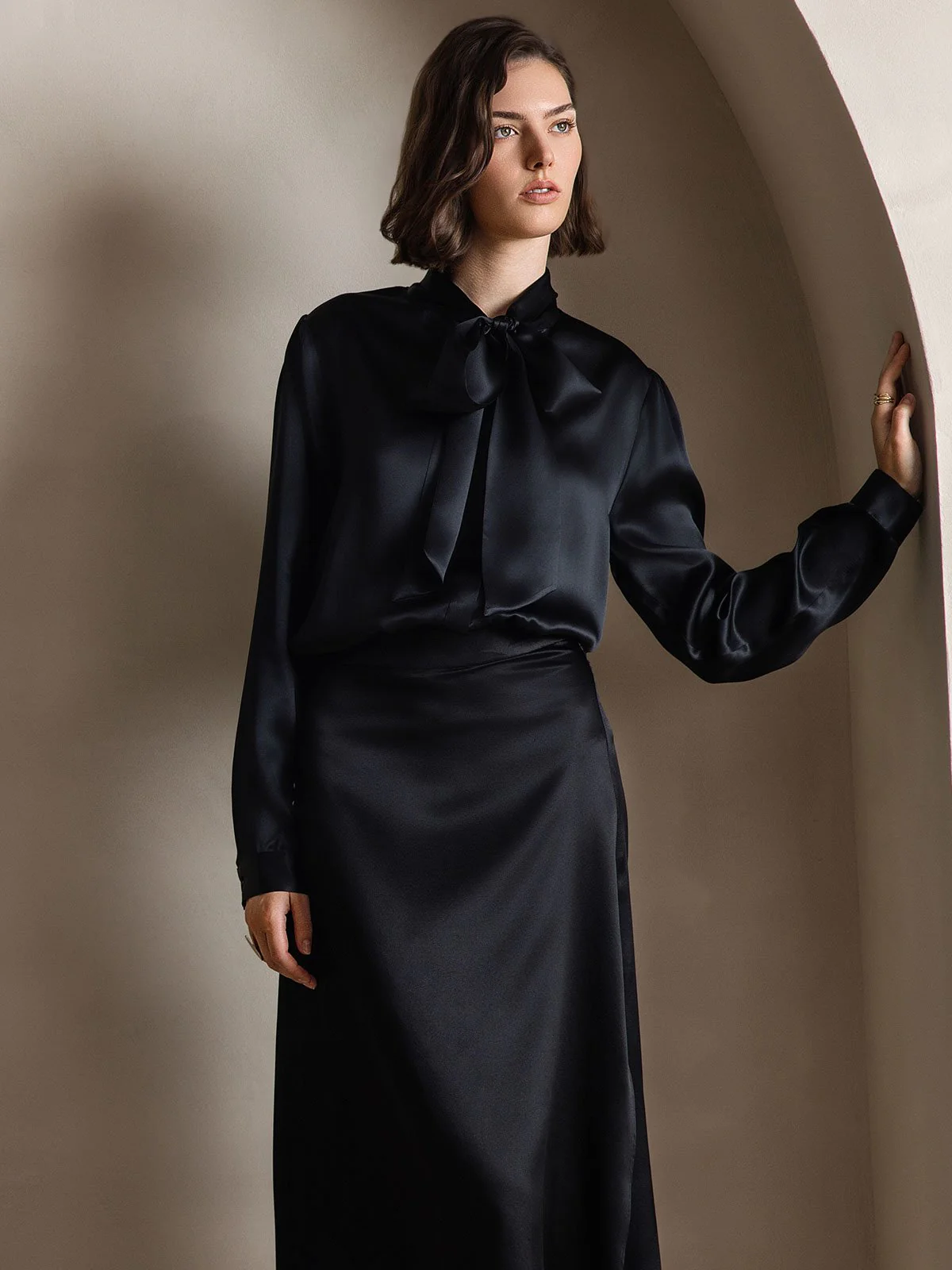 19Momme Silk Long Sleeve Tie Neck Blouse - Image 44