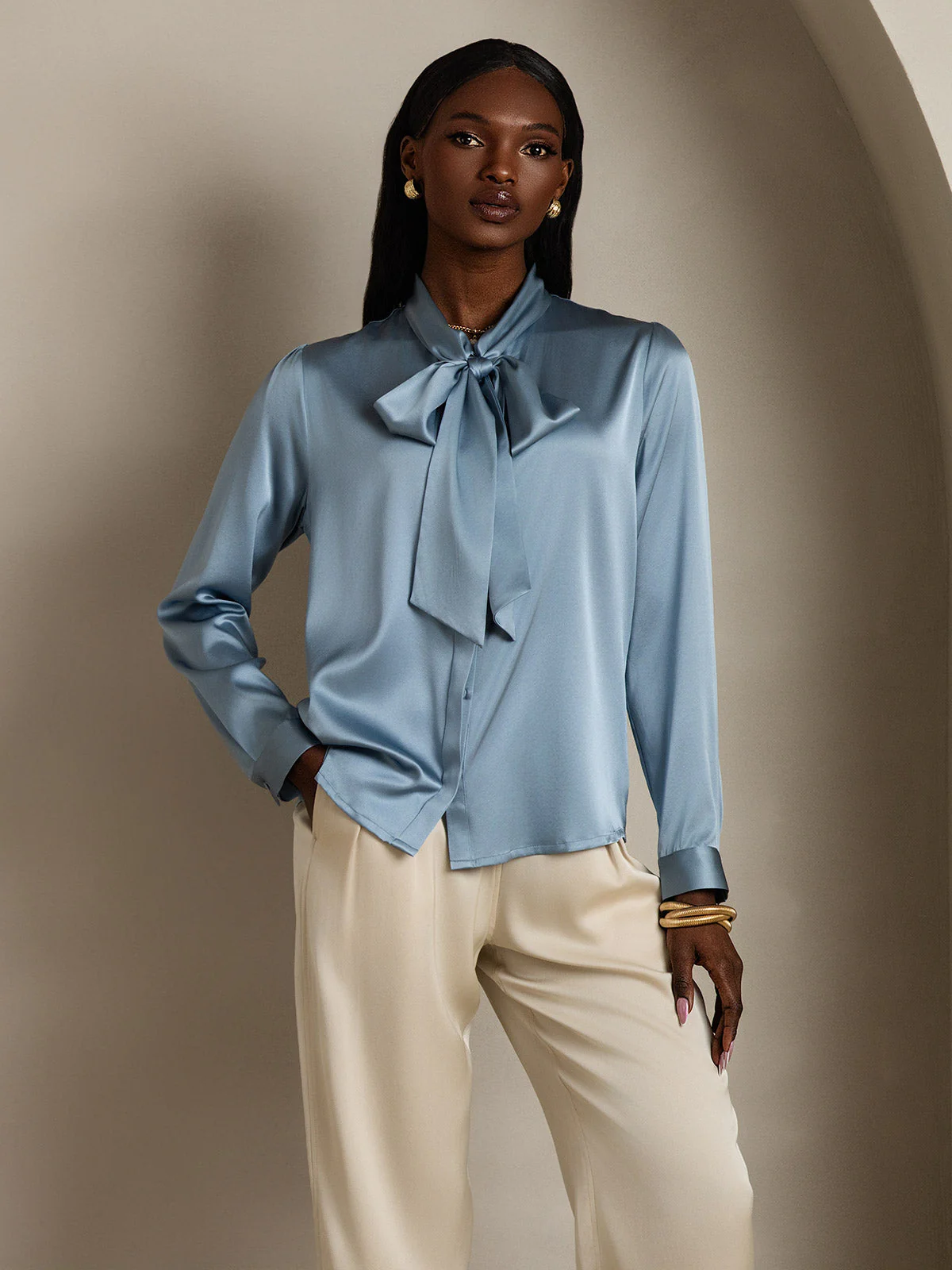 19Momme Silk Long Sleeve Tie Neck Blouse - Image 5
