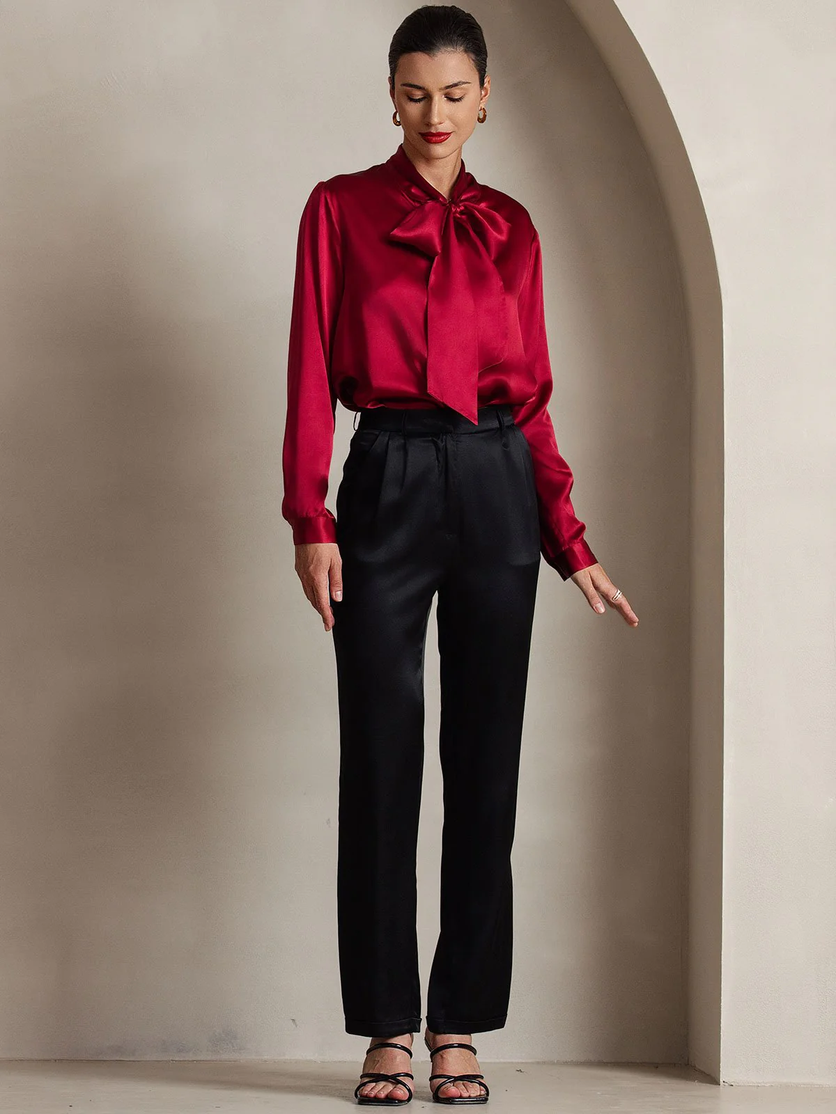 19Momme Silk Long Sleeve Tie Neck Blouse - Image 51