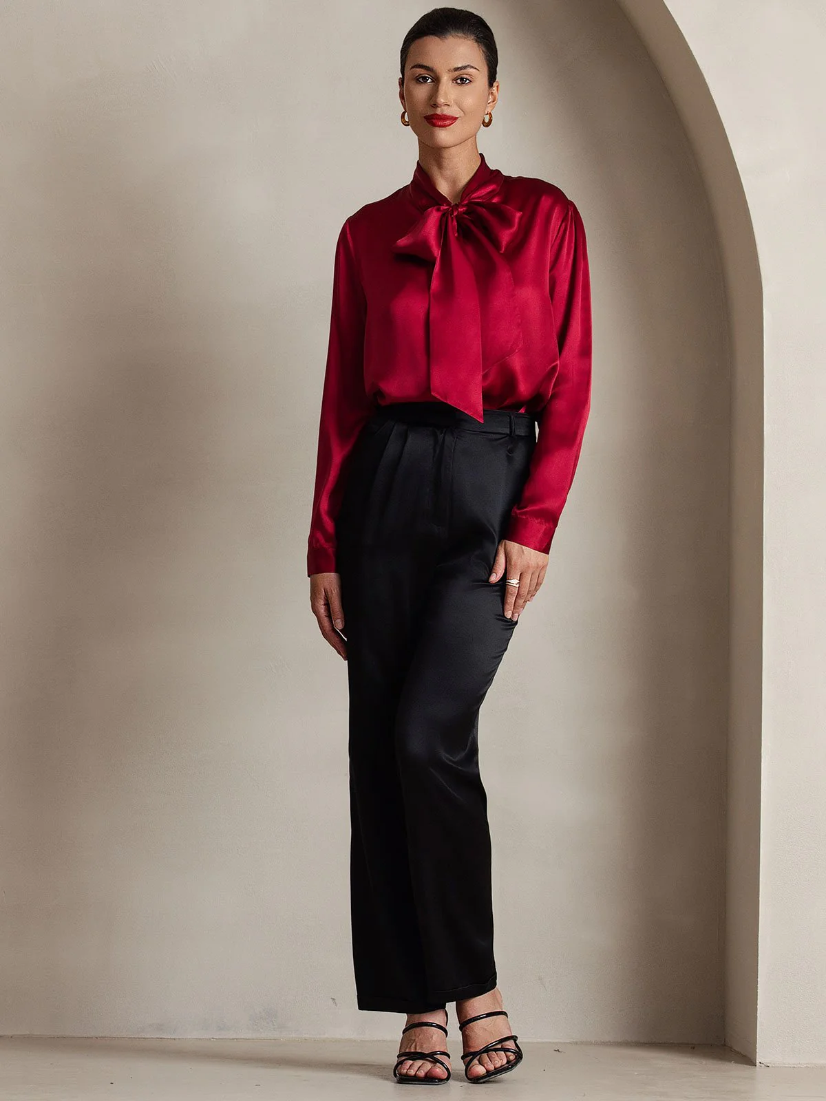 19Momme Silk Long Sleeve Tie Neck Blouse - Image 52