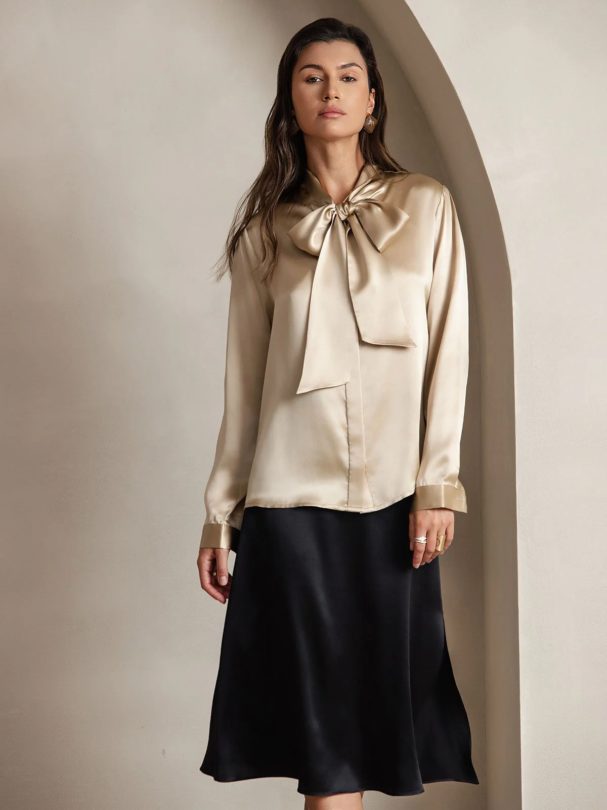 19Momme Silk Long Sleeve Tie Neck Blouse - Image 53