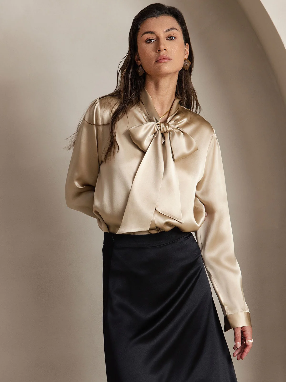 19Momme Silk Long Sleeve Tie Neck Blouse - Image 55