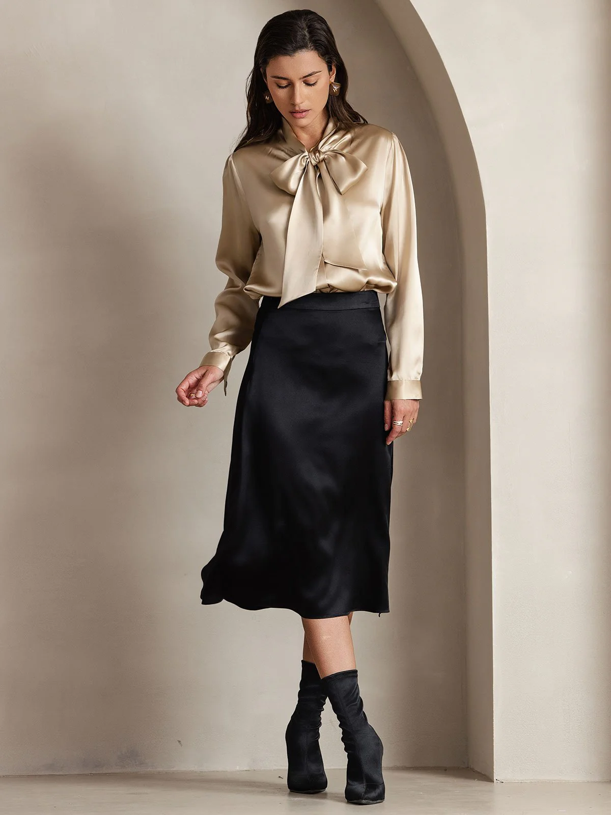 19Momme Silk Long Sleeve Tie Neck Blouse - Image 58
