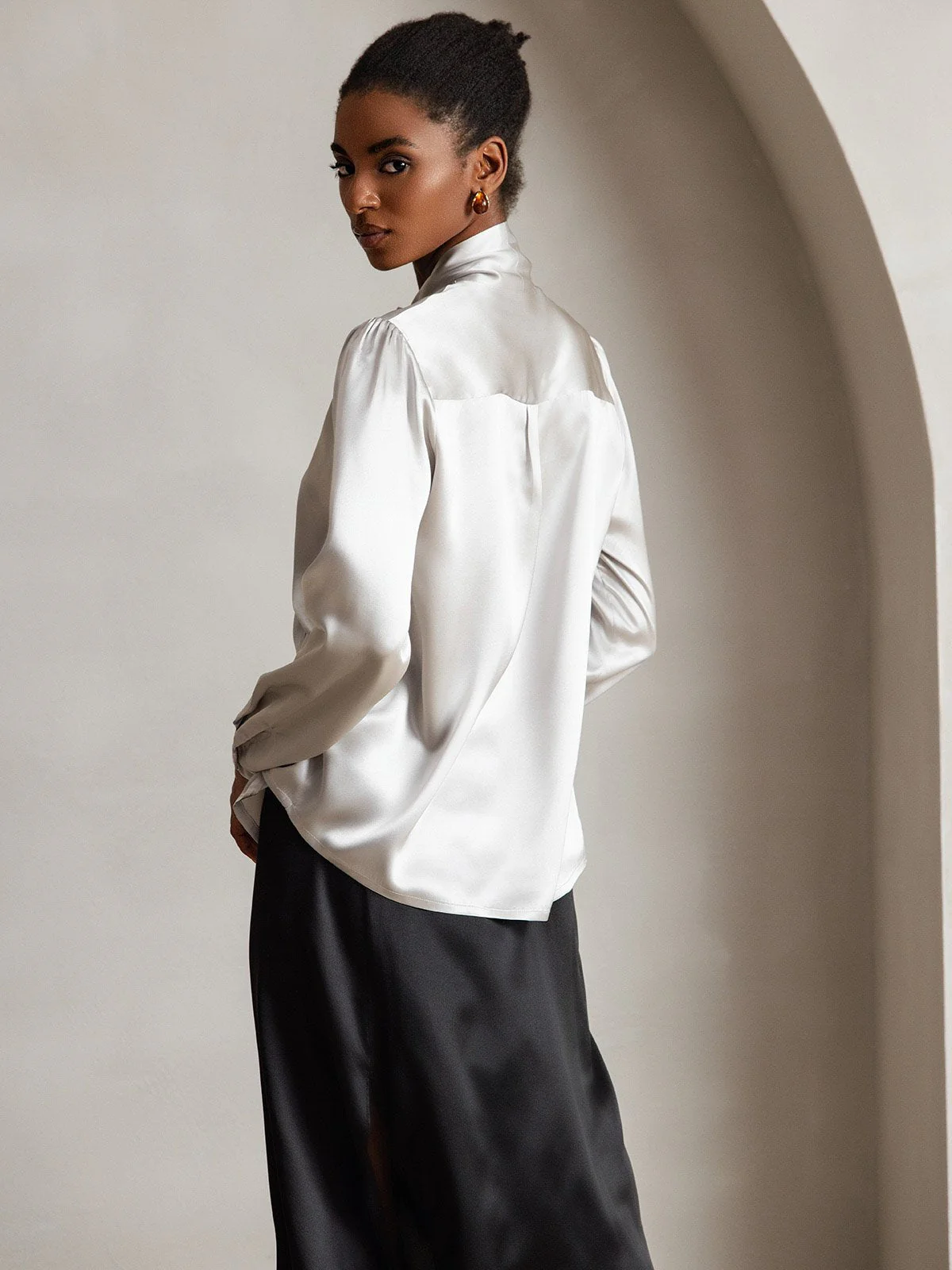 19Momme Silk Long Sleeve Tie Neck Blouse - Image 60