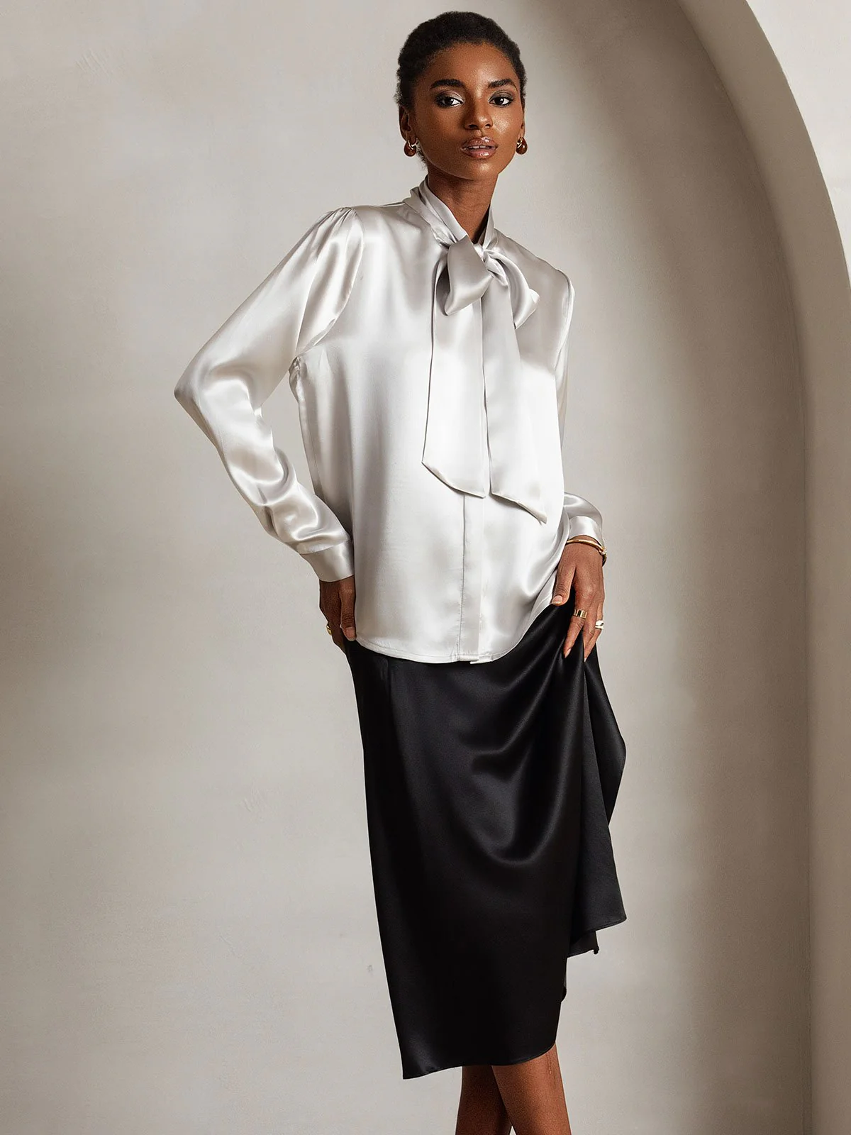 19Momme Silk Long Sleeve Tie Neck Blouse - Image 61