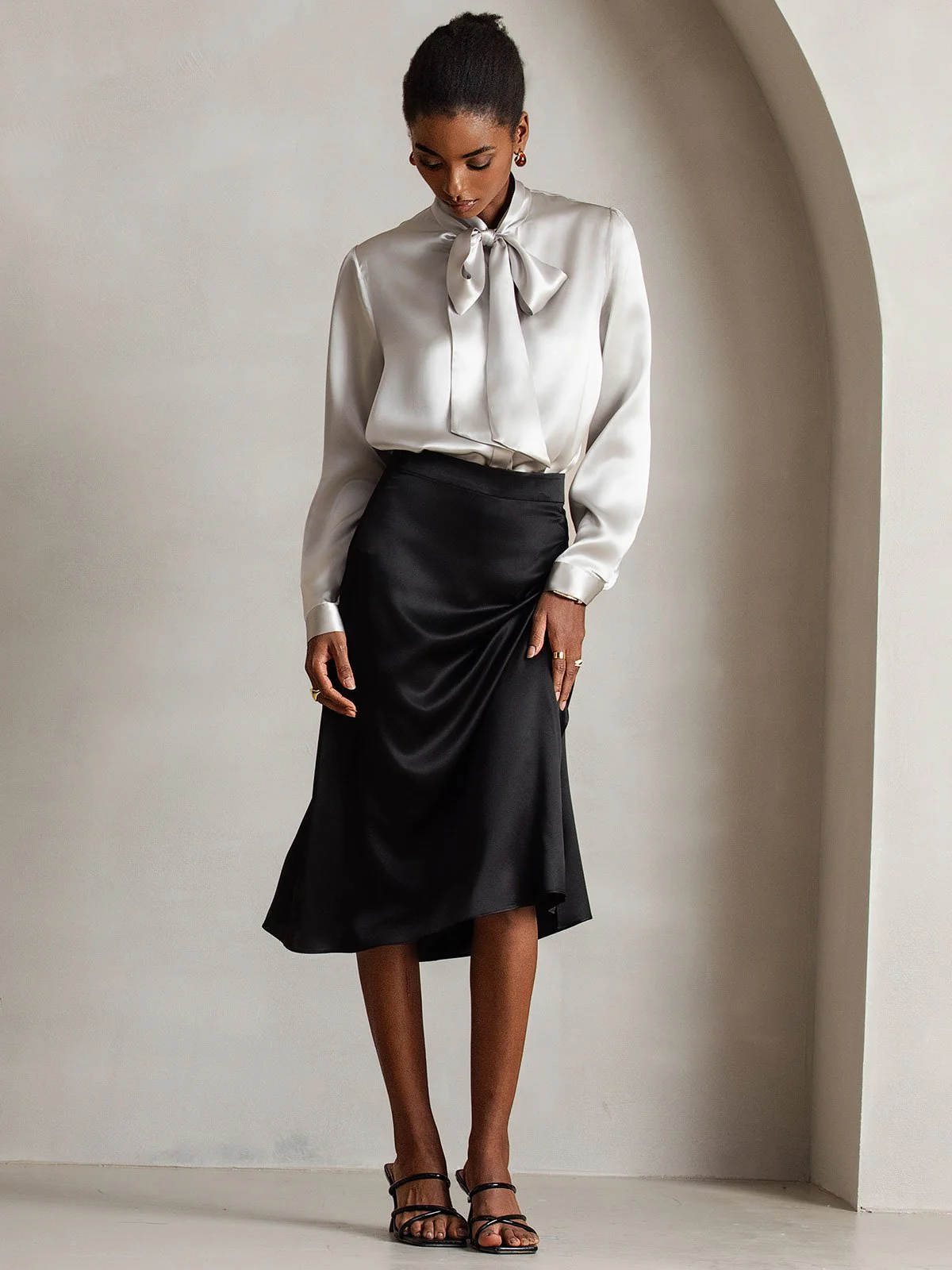 19Momme Silk Long Sleeve Tie Neck Blouse - Image 65