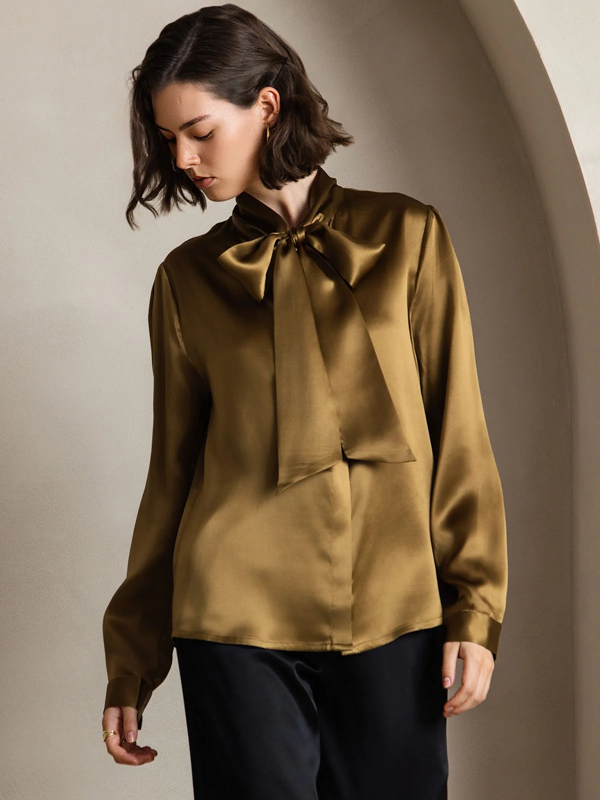 19Momme Silk Long Sleeve Tie Neck Blouse - Image 9