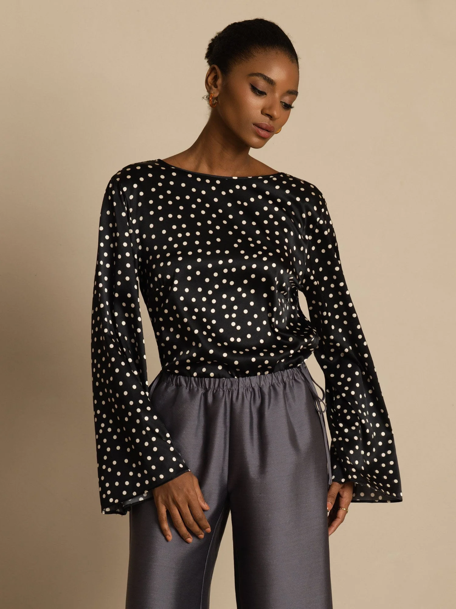 19Momme Women's Silk Polka Dot Print Bell Sleeve Boat Neck Top - Image 4