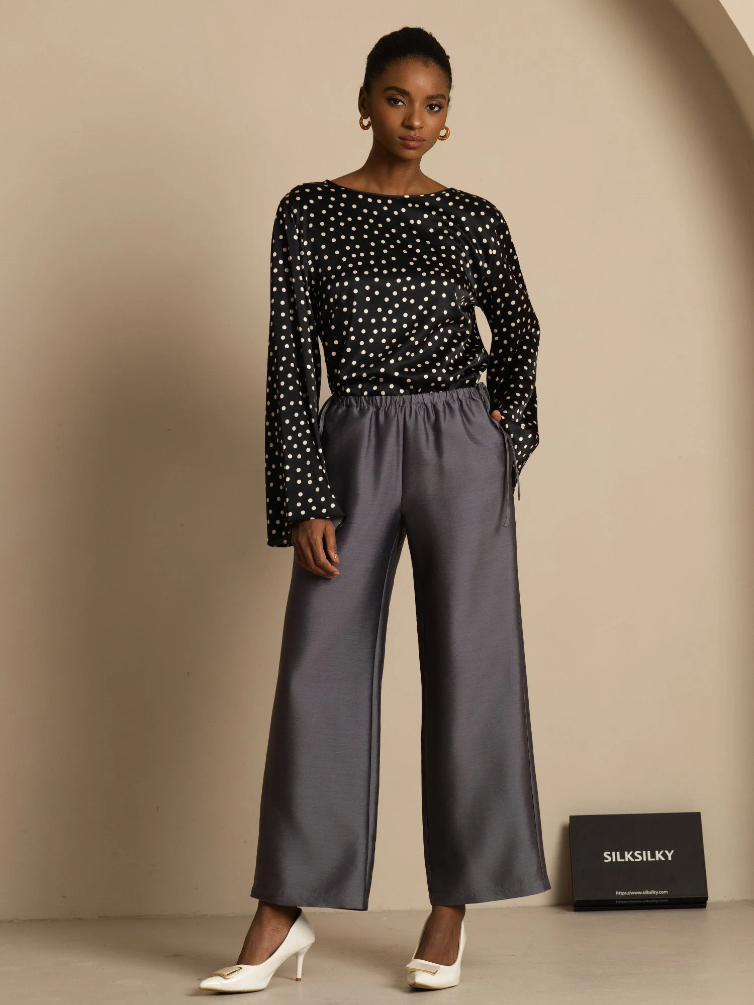 19Momme Women's Silk Polka Dot Print Bell Sleeve Boat Neck Top - Image 8