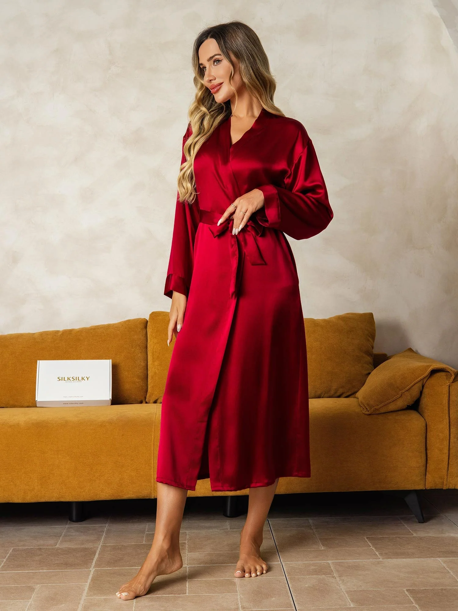 Pure Silk Long Sleeve Midi Women's Robe - Image 4