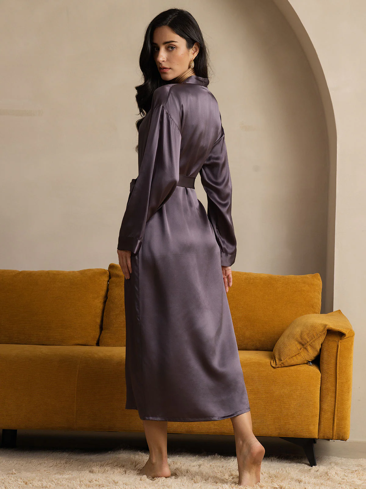Pure Silk Long Sleeve Midi Women's Robe - Image 7
