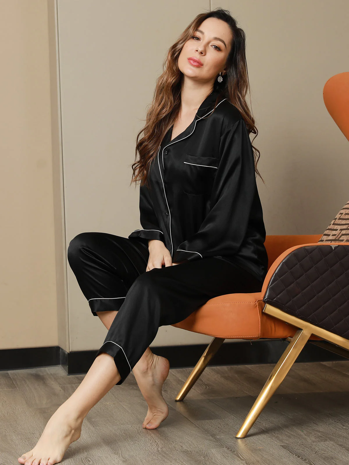 Pure Silk Notch Collar Button Up Women's Pajamas Set - Image 23