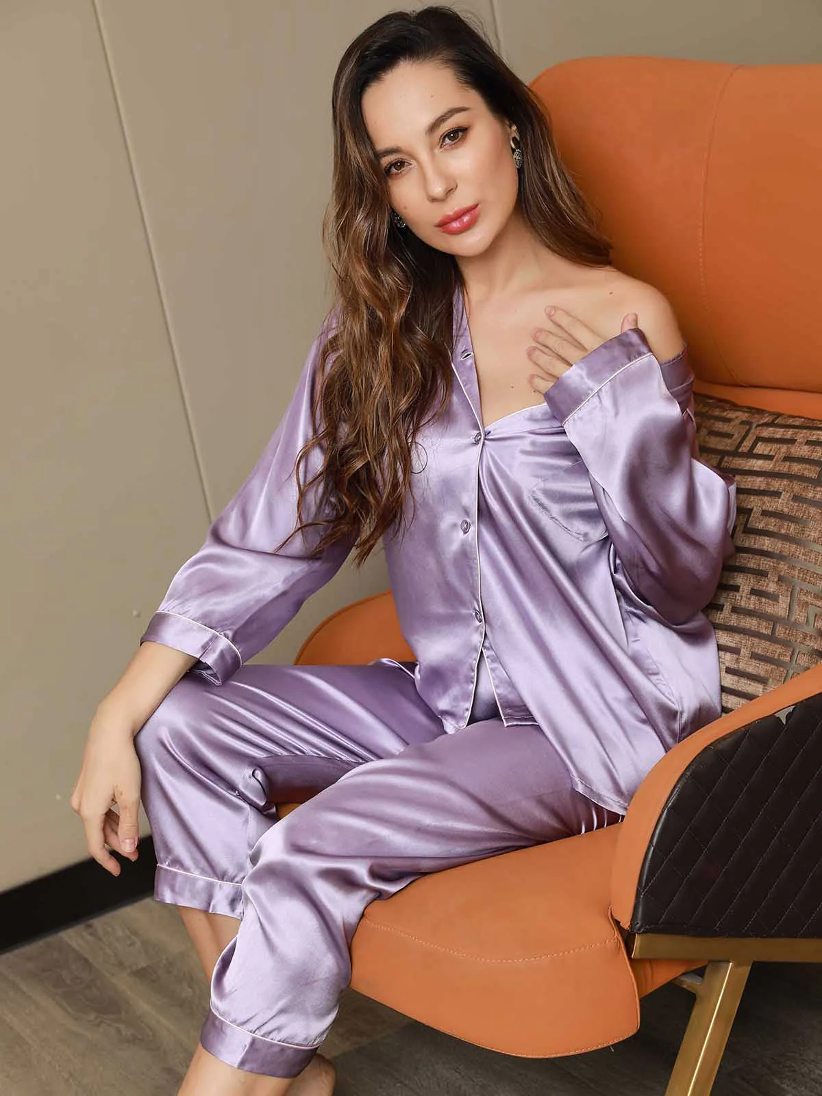 Pure Silk Notch Collar Button Up Women's Pajamas Set - Image 46