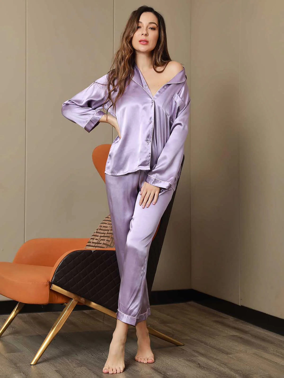 Pure Silk Notch Collar Button Up Women's Pajamas Set - Image 49