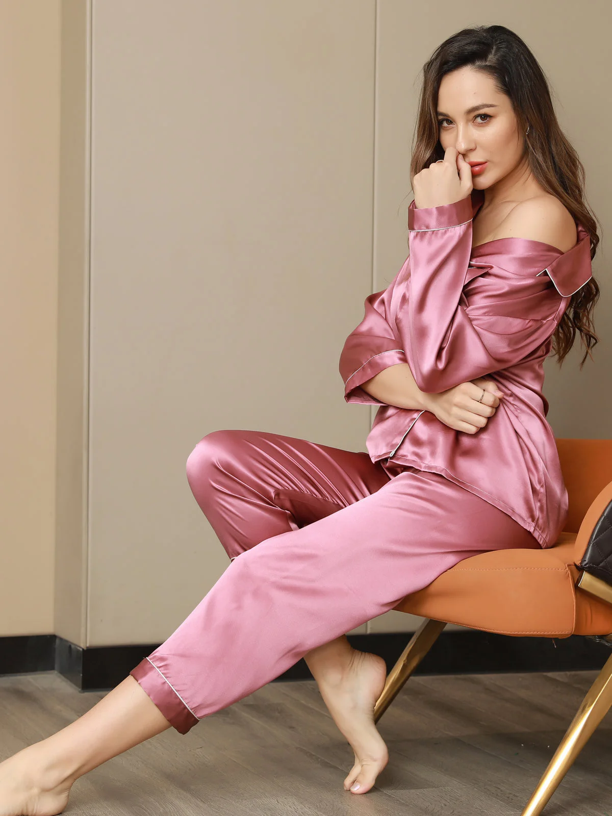 Pure Silk Notch Collar Button Up Women's Pajamas Set - Image 74