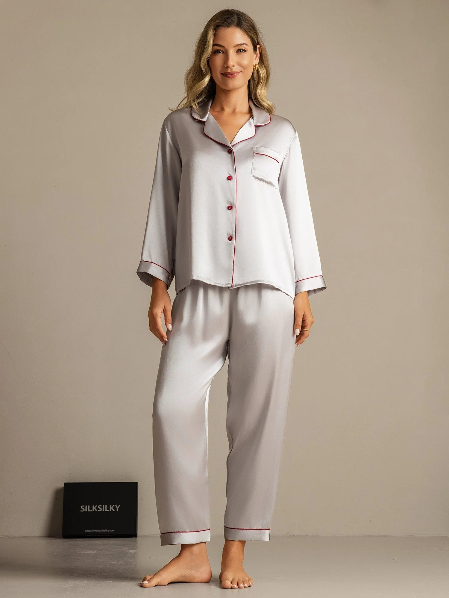 Pure Silk Notch Collar Button Up Women's Pajamas Set - Image 82