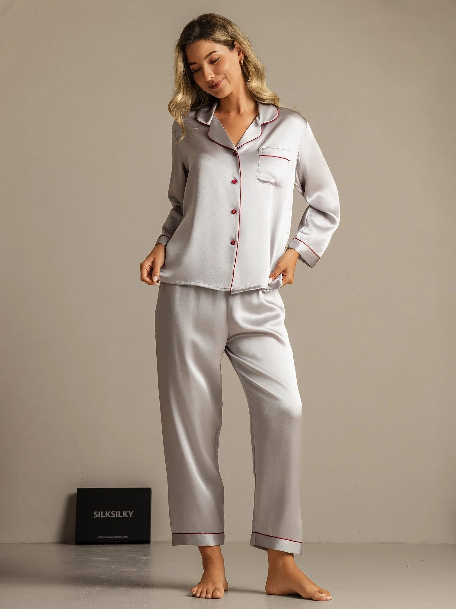Pure Silk Notch Collar Button Up Women's Pajamas Set - Image 87