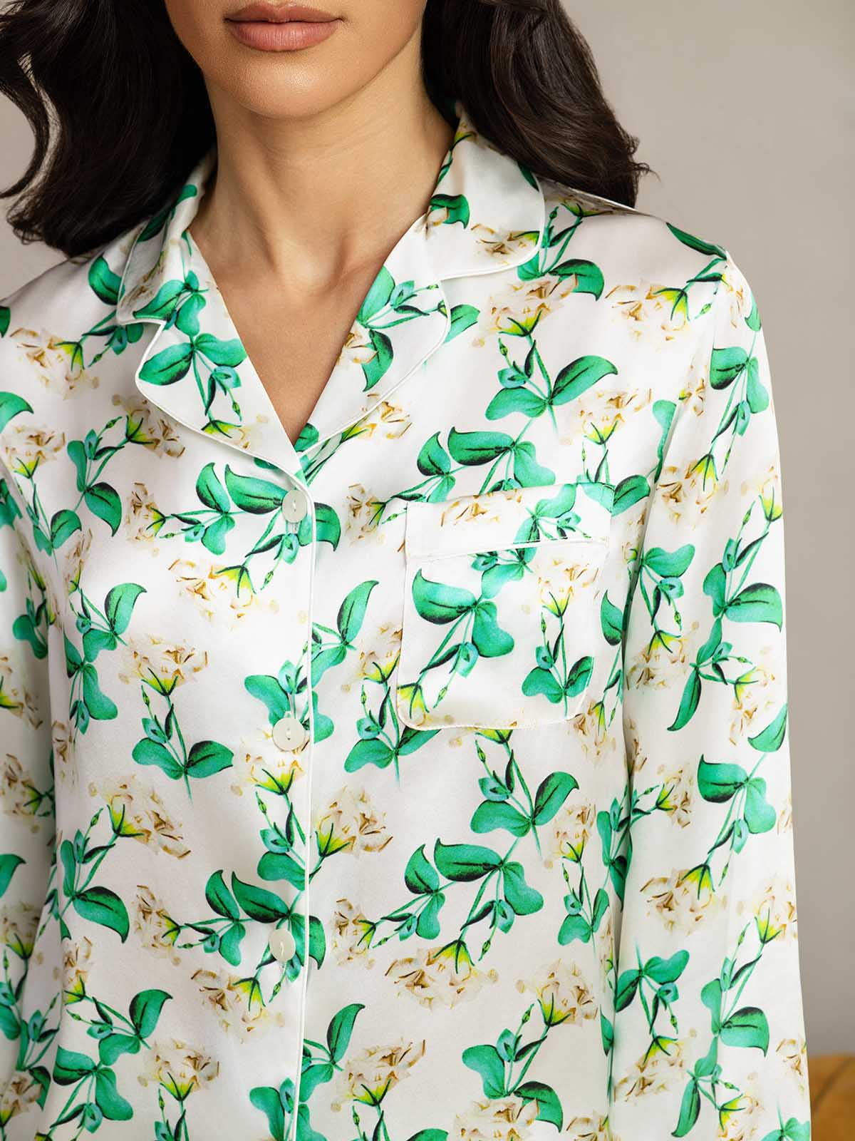Women's Pure Silk Green Floral Print Long Sleeve Notch Collar Pajamas Set - Image 7