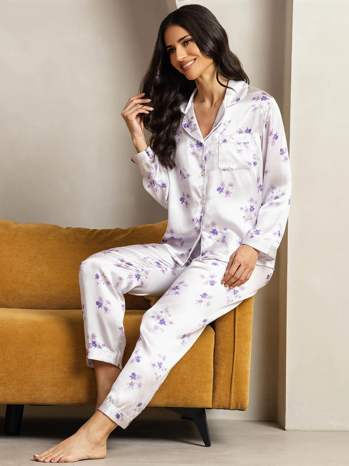 Pure Silk Lilac Bloom Print Long Sleeve Notch Collar Women's Pajamas Set - Image 4