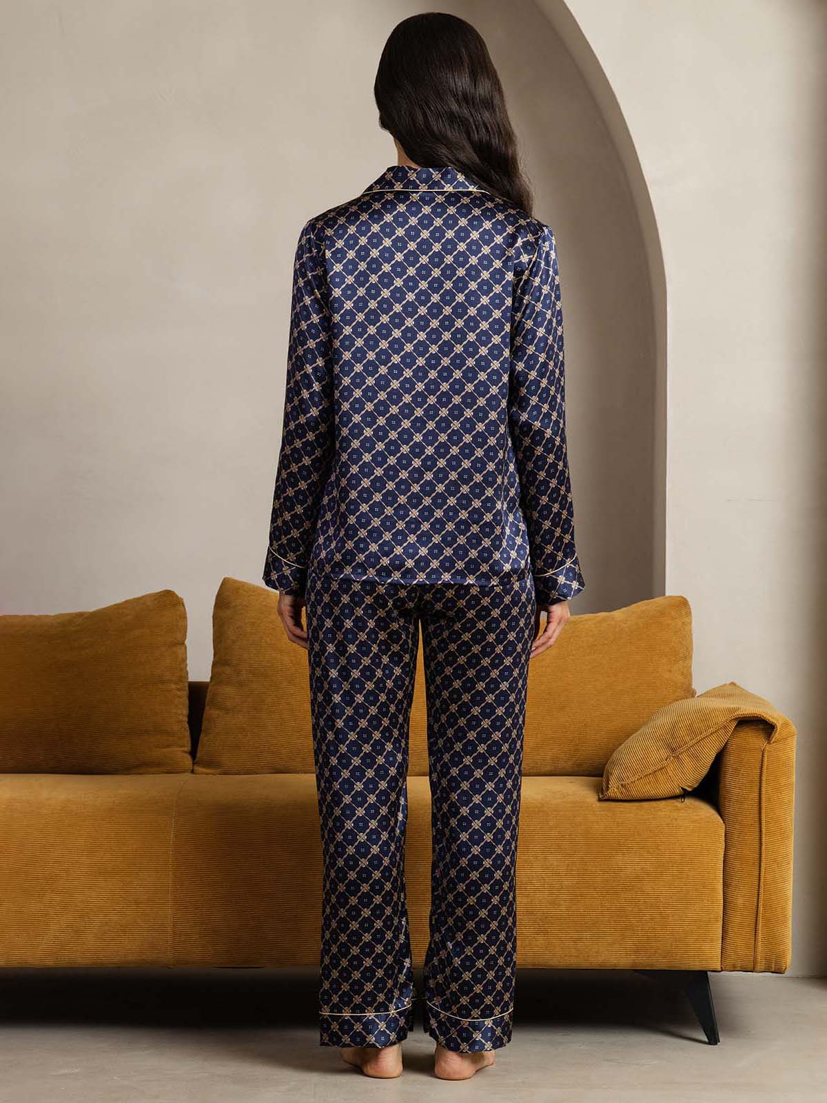 Pure Silk Navy Chain Print Long Sleeve Notch Collar Women's Pajamas Set - Image 3