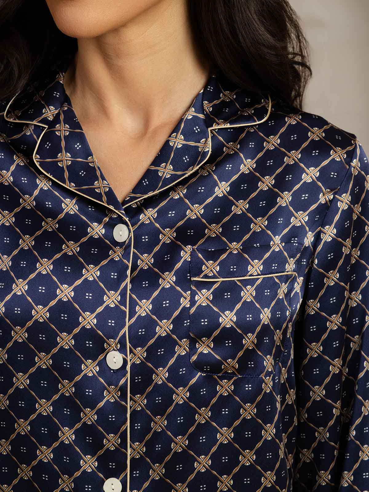 Pure Silk Navy Chain Print Long Sleeve Notch Collar Women's Pajamas Set - Image 6