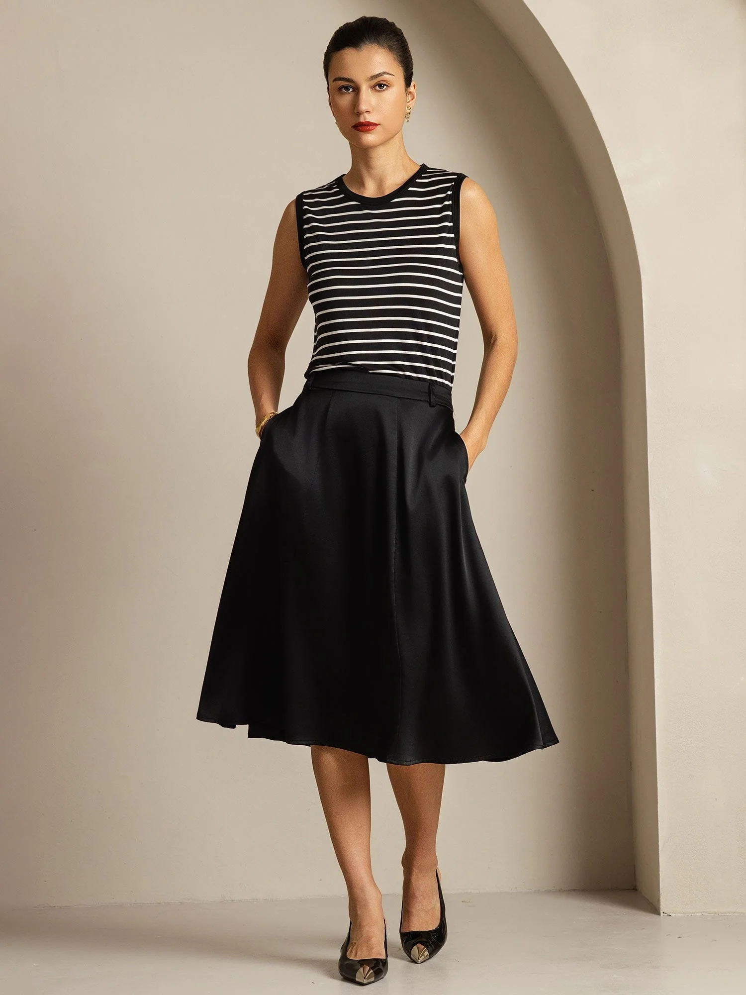 Women's Pure Silk Round Neck Sport Stripe Print Tank Top - Image 15