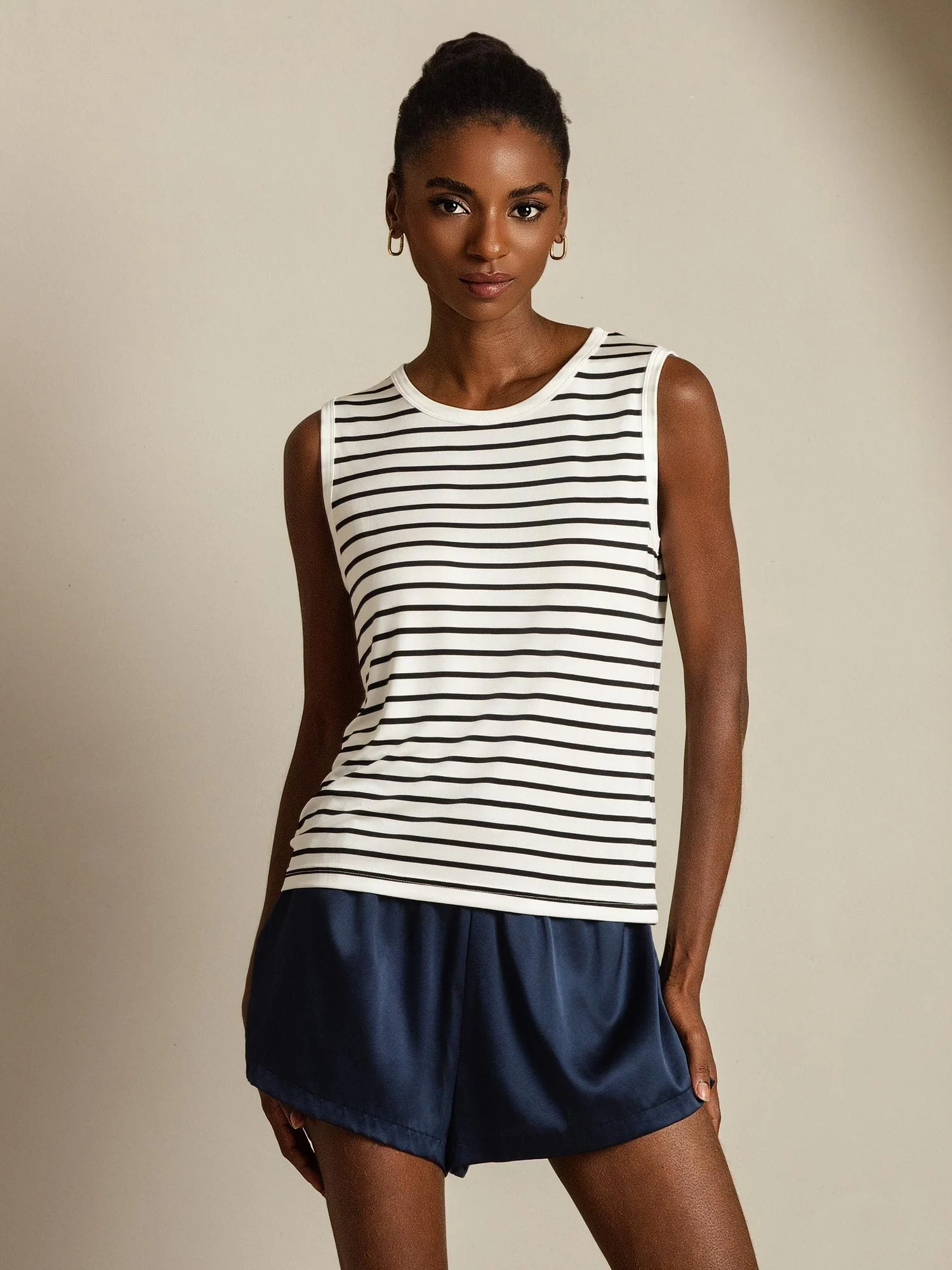 Women's Pure Silk Round Neck Sport Stripe Print Tank Top - Image 8