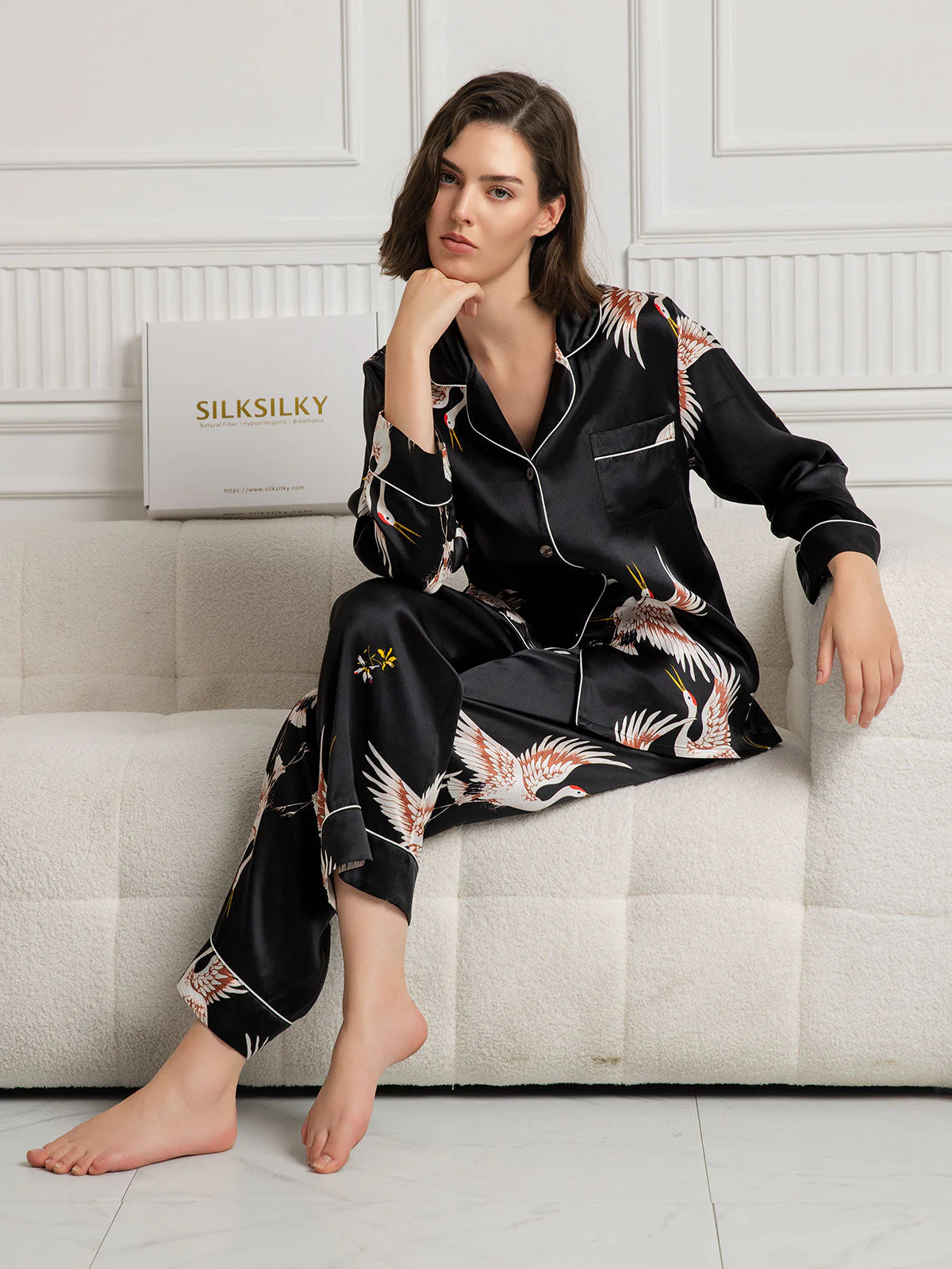 19Momme Pure Silk Crane Print Women's Long Sleeve Notch Collar Pajamas Set - Image 10