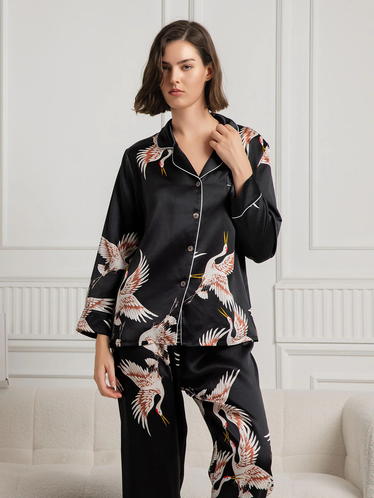 19Momme Pure Silk Crane Print Women's Long Sleeve Notch Collar Pajamas Set - Image 12