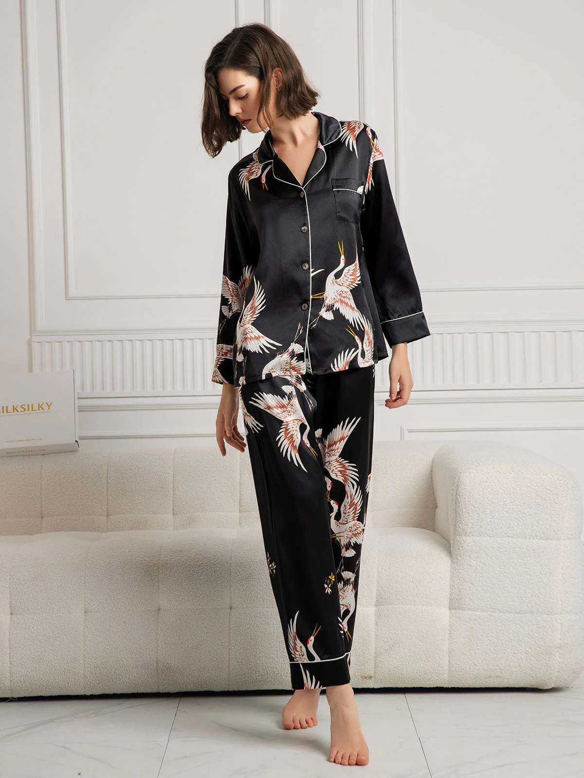19Momme Pure Silk Crane Print Women's Long Sleeve Notch Collar Pajamas Set - Image 13