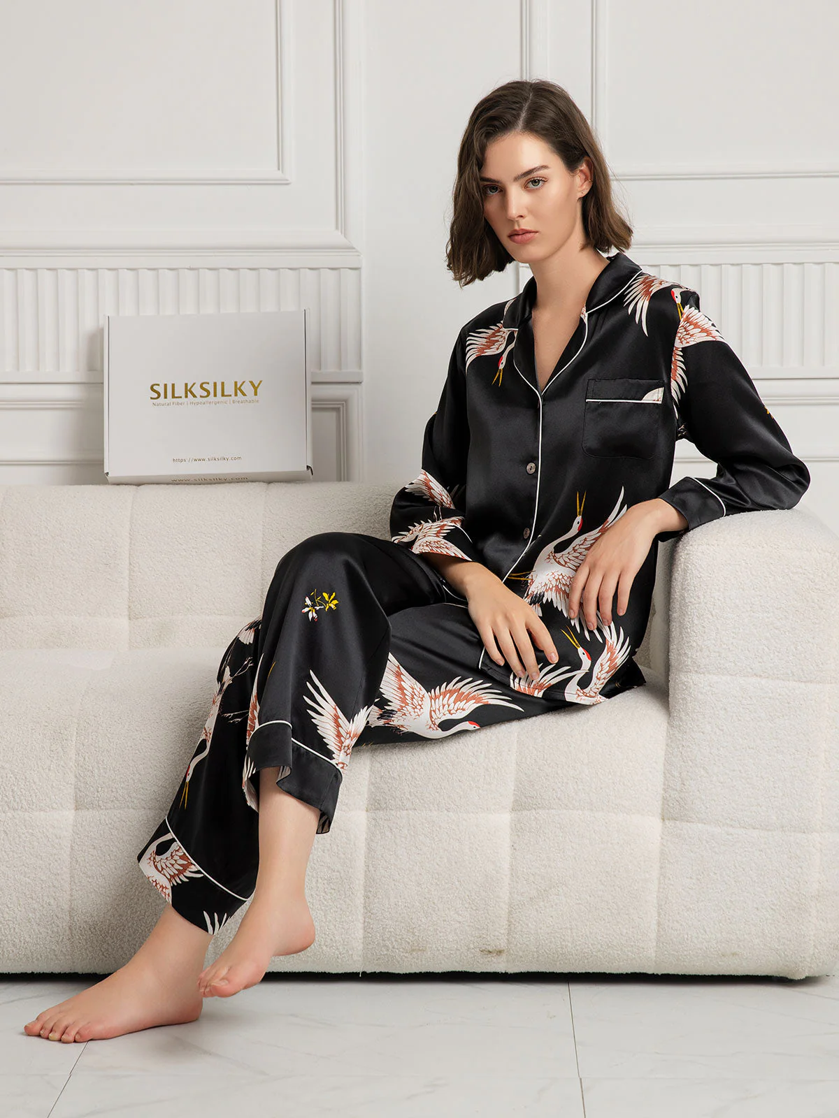 19Momme Pure Silk Crane Print Women's Long Sleeve Notch Collar Pajamas Set - Image 14