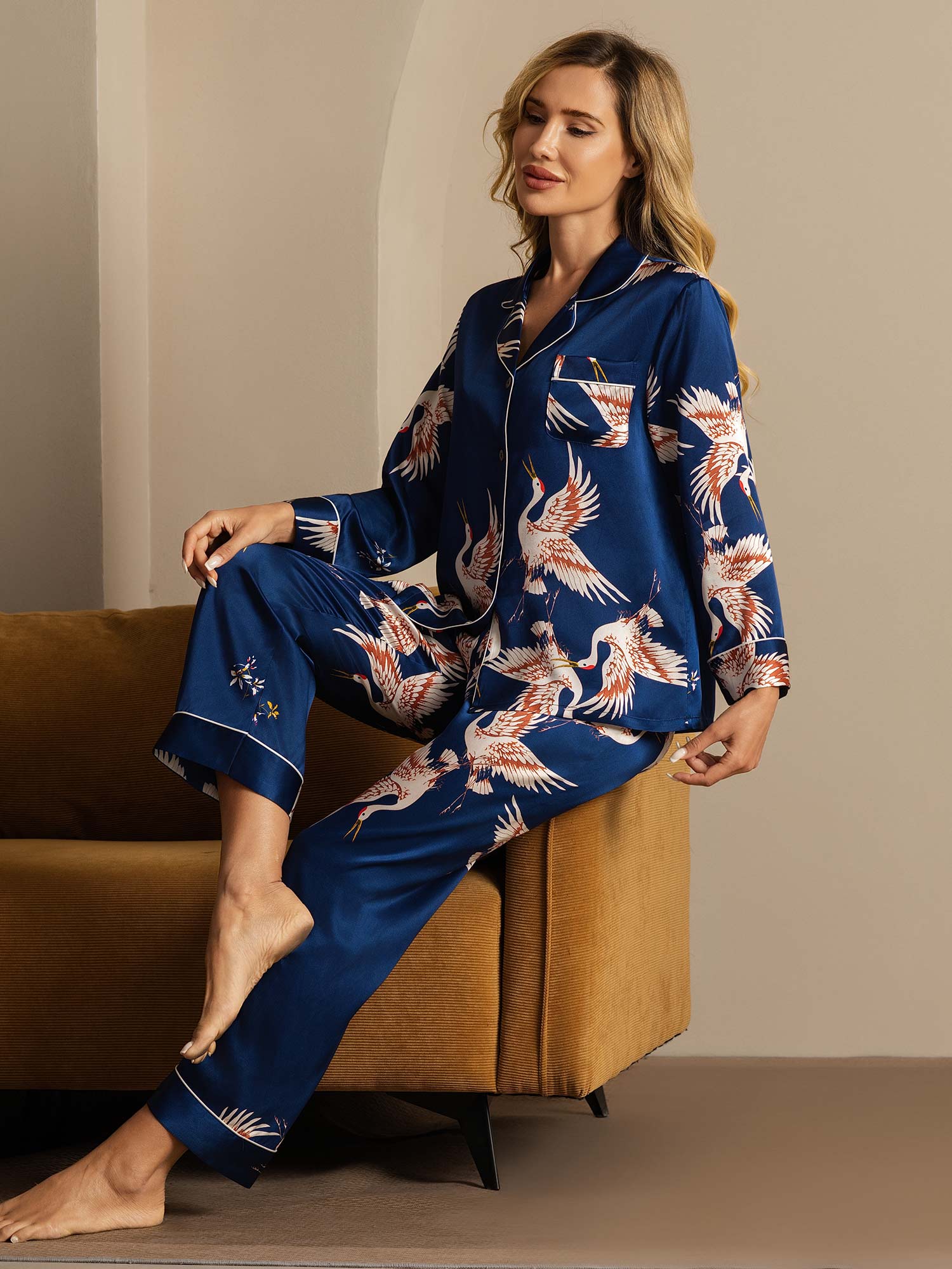 19Momme Pure Silk Crane Print Women's Long Sleeve Notch Collar Pajamas Set - Image 20