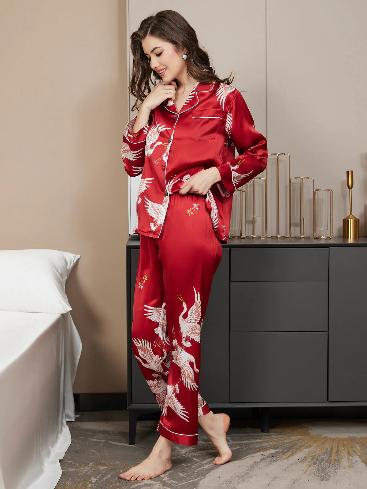 19Momme Pure Silk Crane Print Women's Long Sleeve Notch Collar Pajamas Set - Image 25