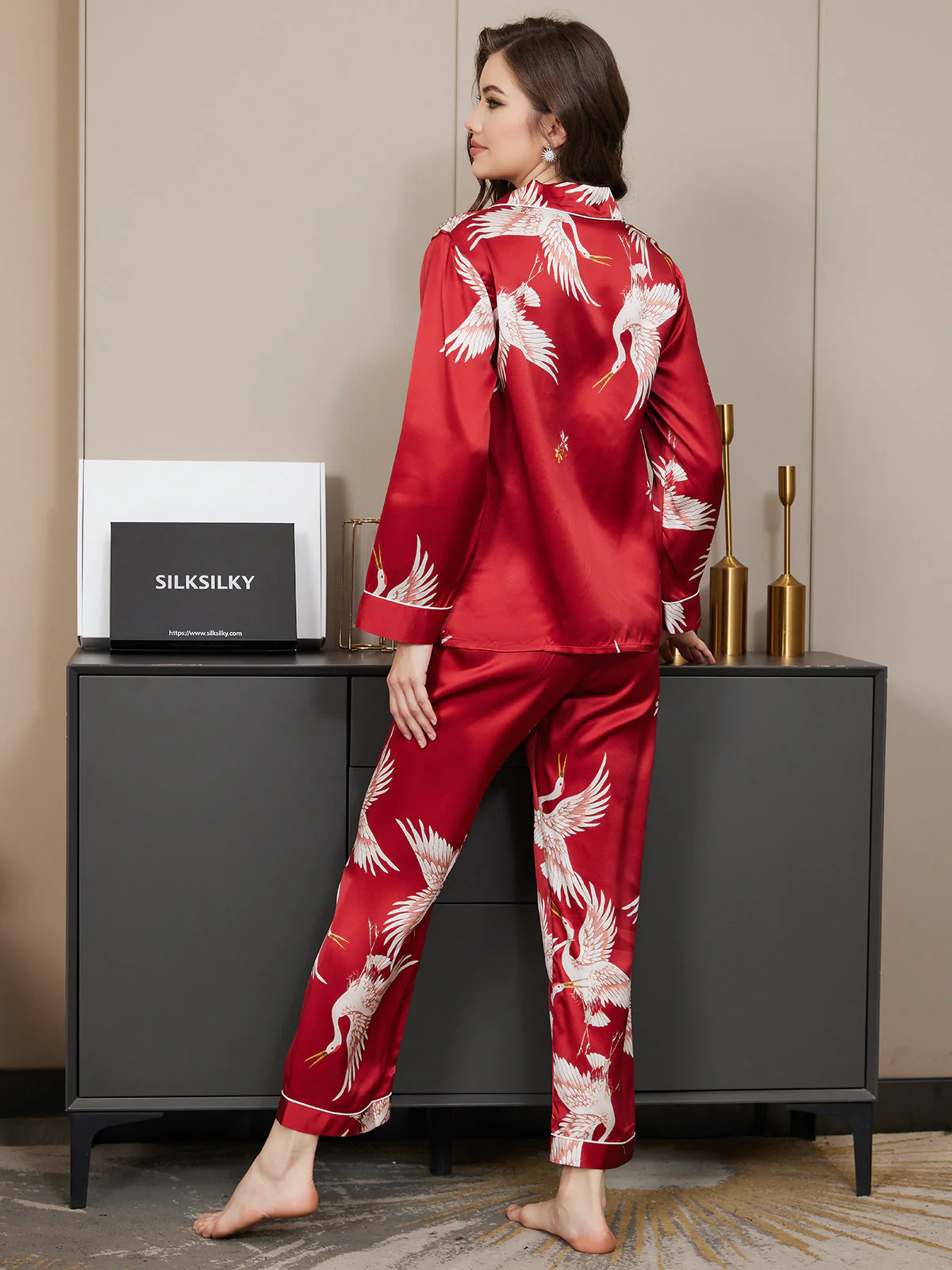 19Momme Pure Silk Crane Print Women's Long Sleeve Notch Collar Pajamas Set - Image 27