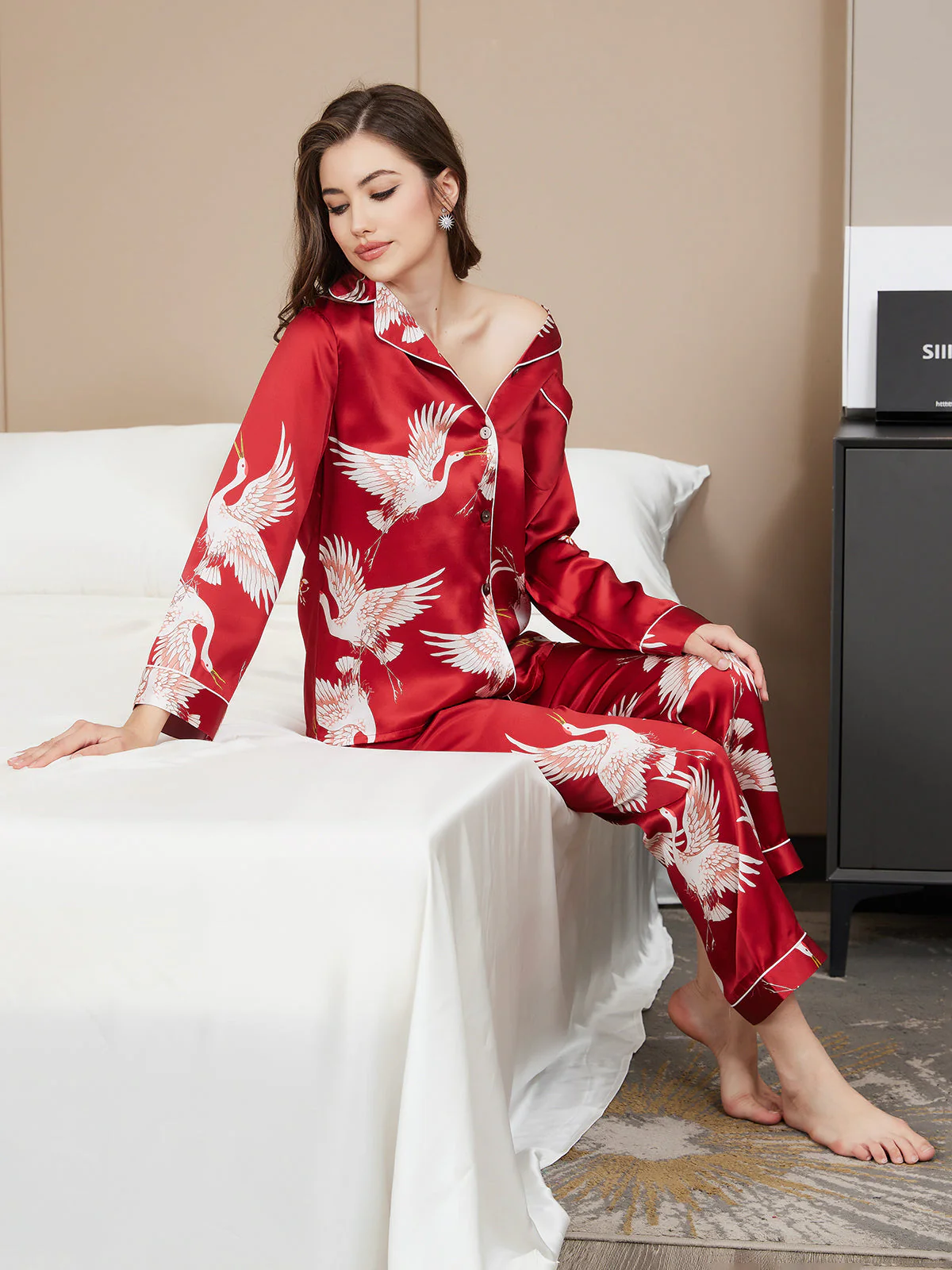 19Momme Pure Silk Crane Print Women's Long Sleeve Notch Collar Pajamas Set - Image 28