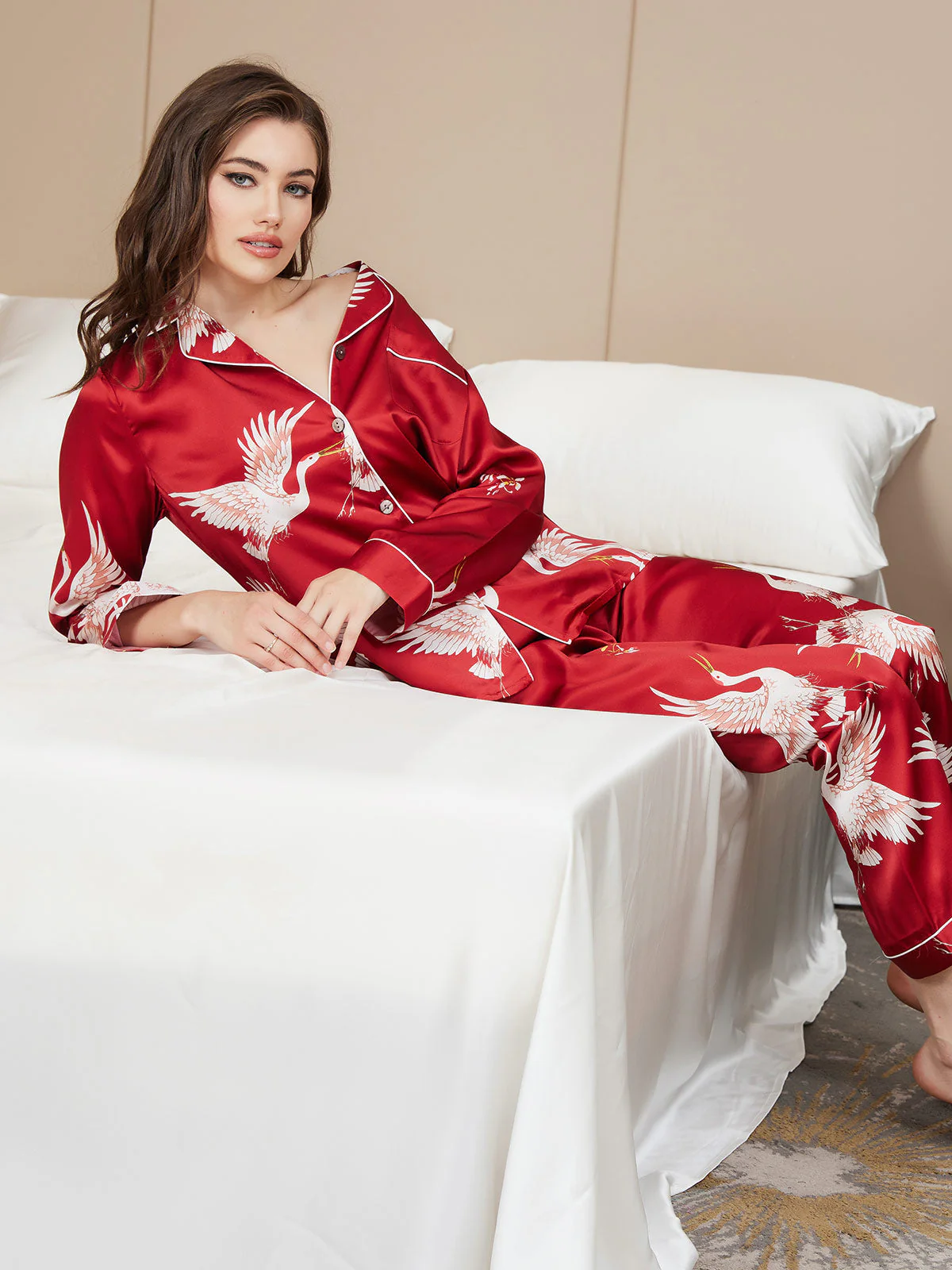 19Momme Pure Silk Crane Print Women's Long Sleeve Notch Collar Pajamas Set - Image 29