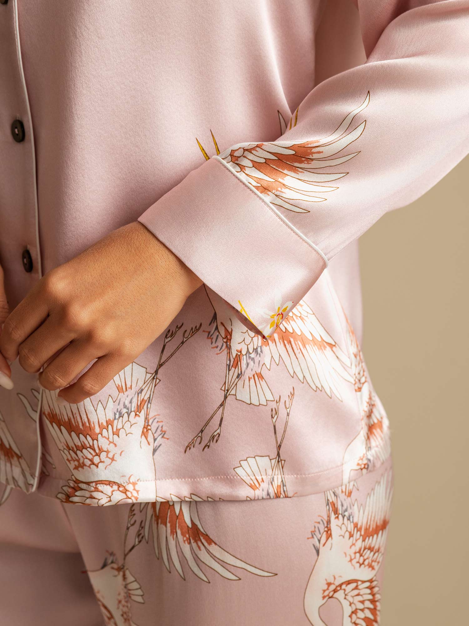 19Momme Pure Silk Crane Print Women's Long Sleeve Notch Collar Pajamas Set - Image 5