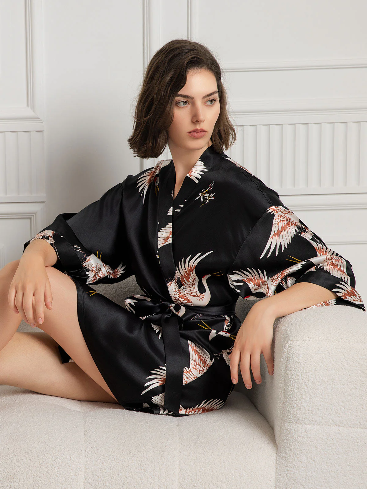 19Momme Pure Silk Crane Print 3/4 Sleeve Short Women's Kimono Robe with Wrap Design - Image 12