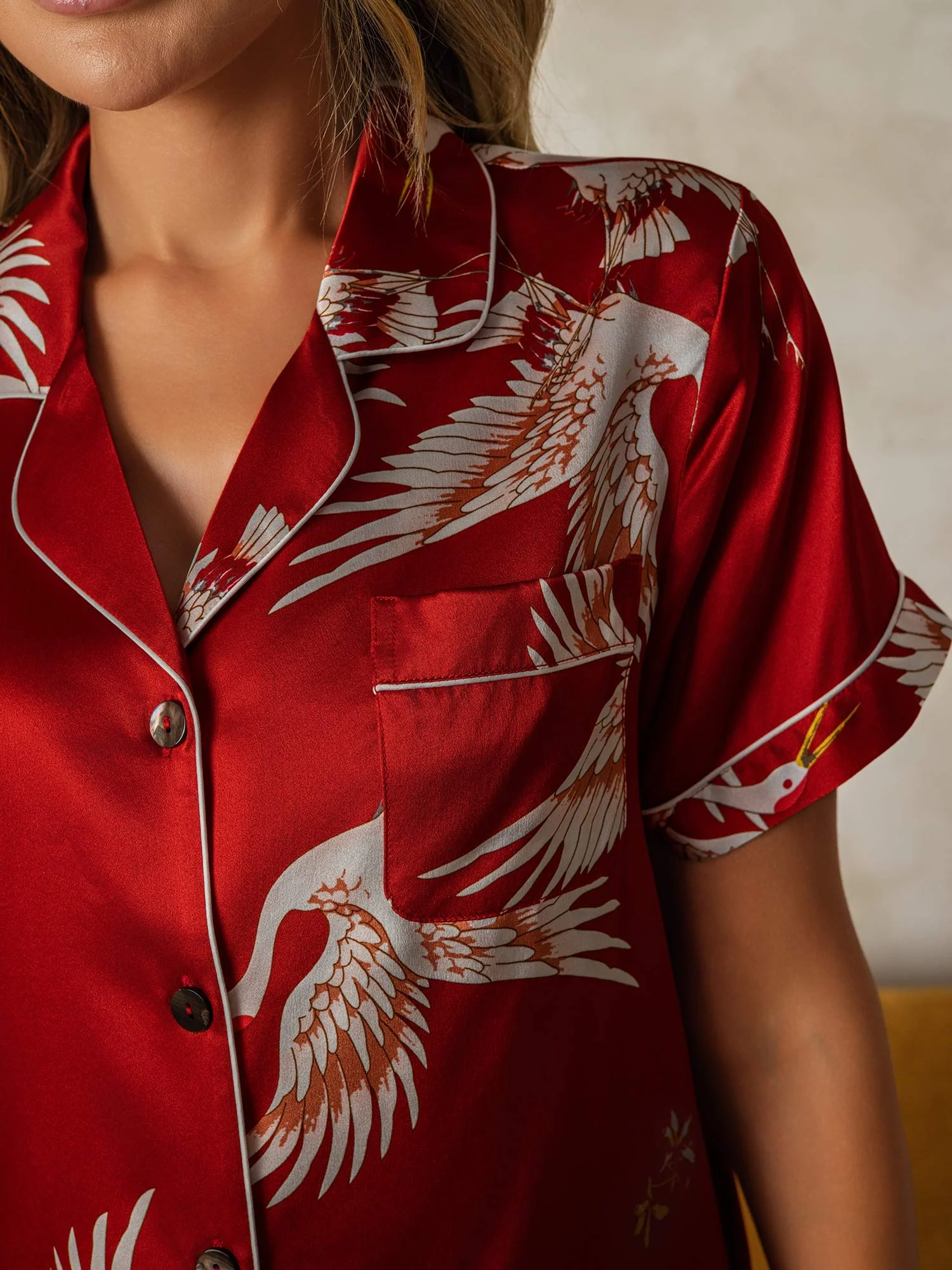 19Momme Women's Pure Silk Crane Print Short Sleeve Notch Collar Pajamas Set - Image 23