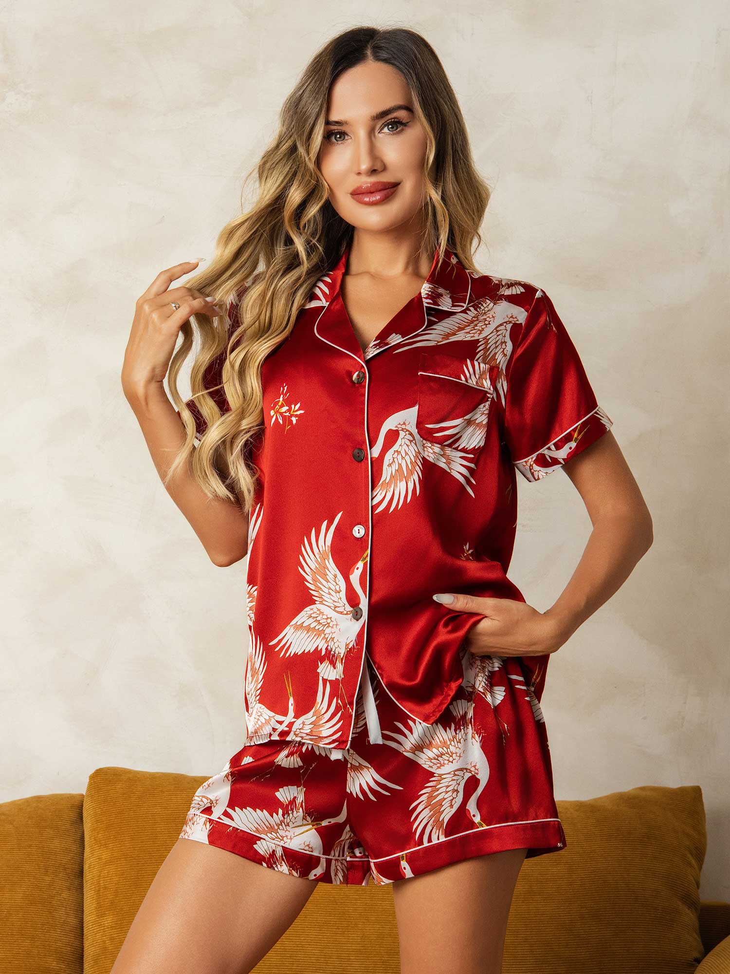 19Momme Women's Pure Silk Crane Print Short Sleeve Notch Collar Pajamas Set - Image 24